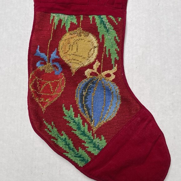 Vintage Needlepoint Christmas Stocking Gold Metallic Ornament Red Hanging Decor - Picture 2 of 4